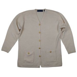 Karen Scott Women's Cardigan Sweater Ivory Gold Buttons Longline Wool Size Small